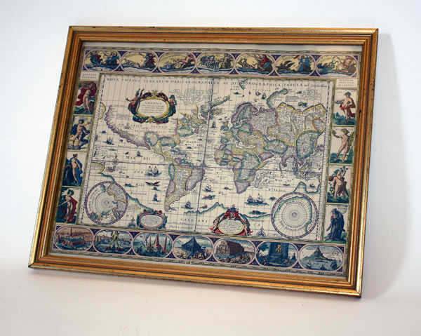  framed antique map with decorative illustrations around the border of map