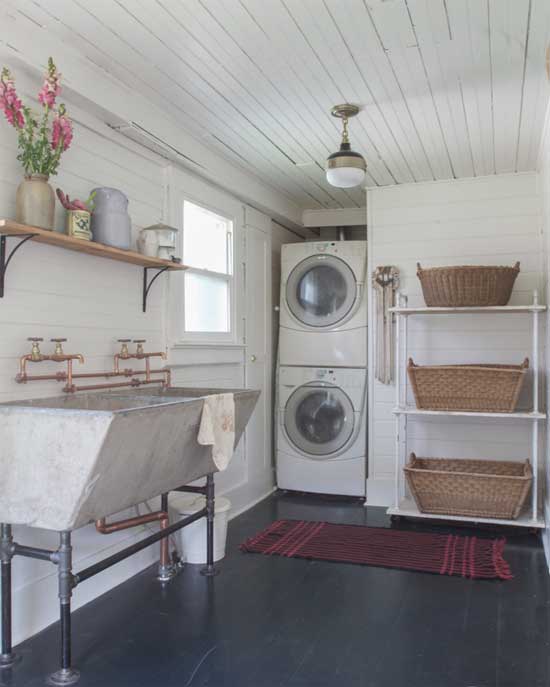 *vintagewhitesblog.com - Light painted paneling provides a nice contrast with a darker floor and the industrial vintage looks is great.