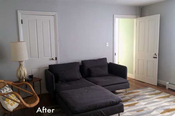 progress update for our tv-room with new paint, flooring and couch