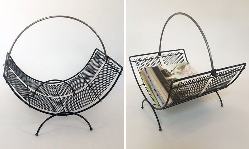 vintage metal magazine rack with midcentury style